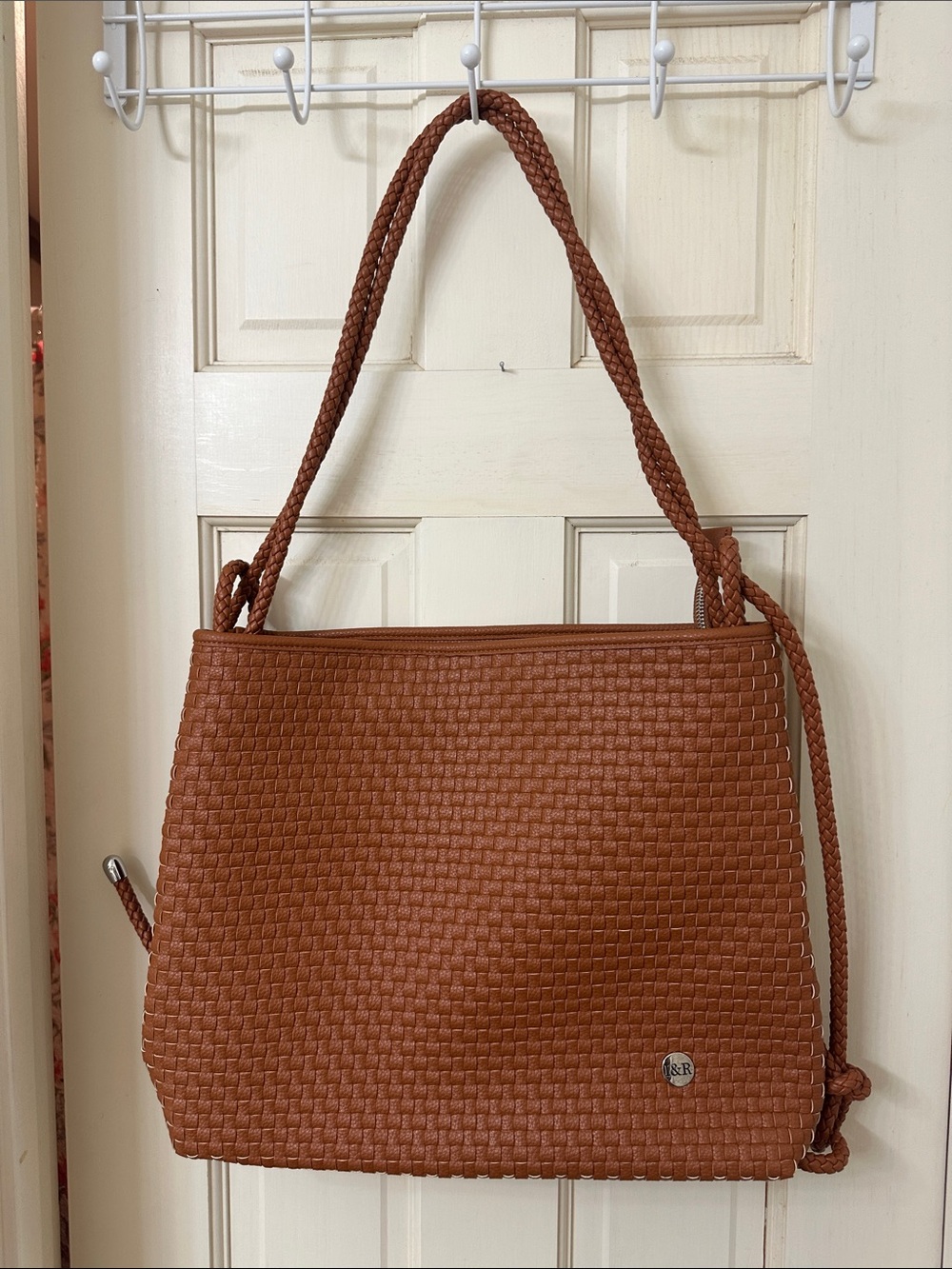 Woven Shoulder Tote Bag in Cognac